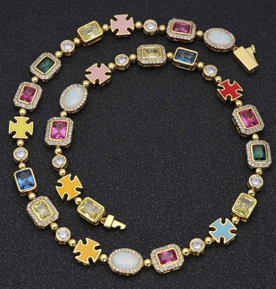 Gold-Plated Hip-Hop Gemstone Necklace — Bold, Bright & Statement-Making