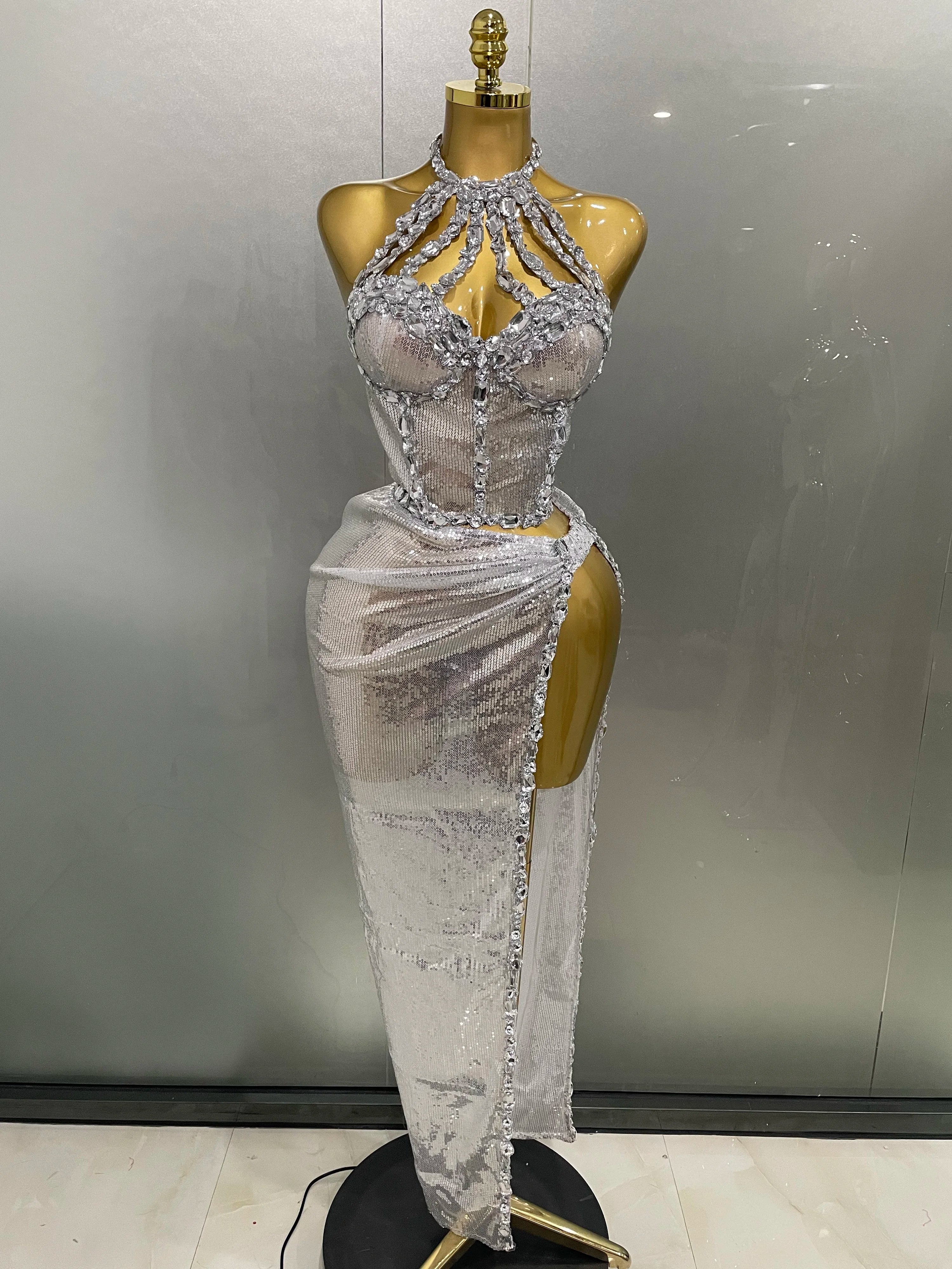 Women's Sequin 2-Piece Halter Maxi Cocktail Dress