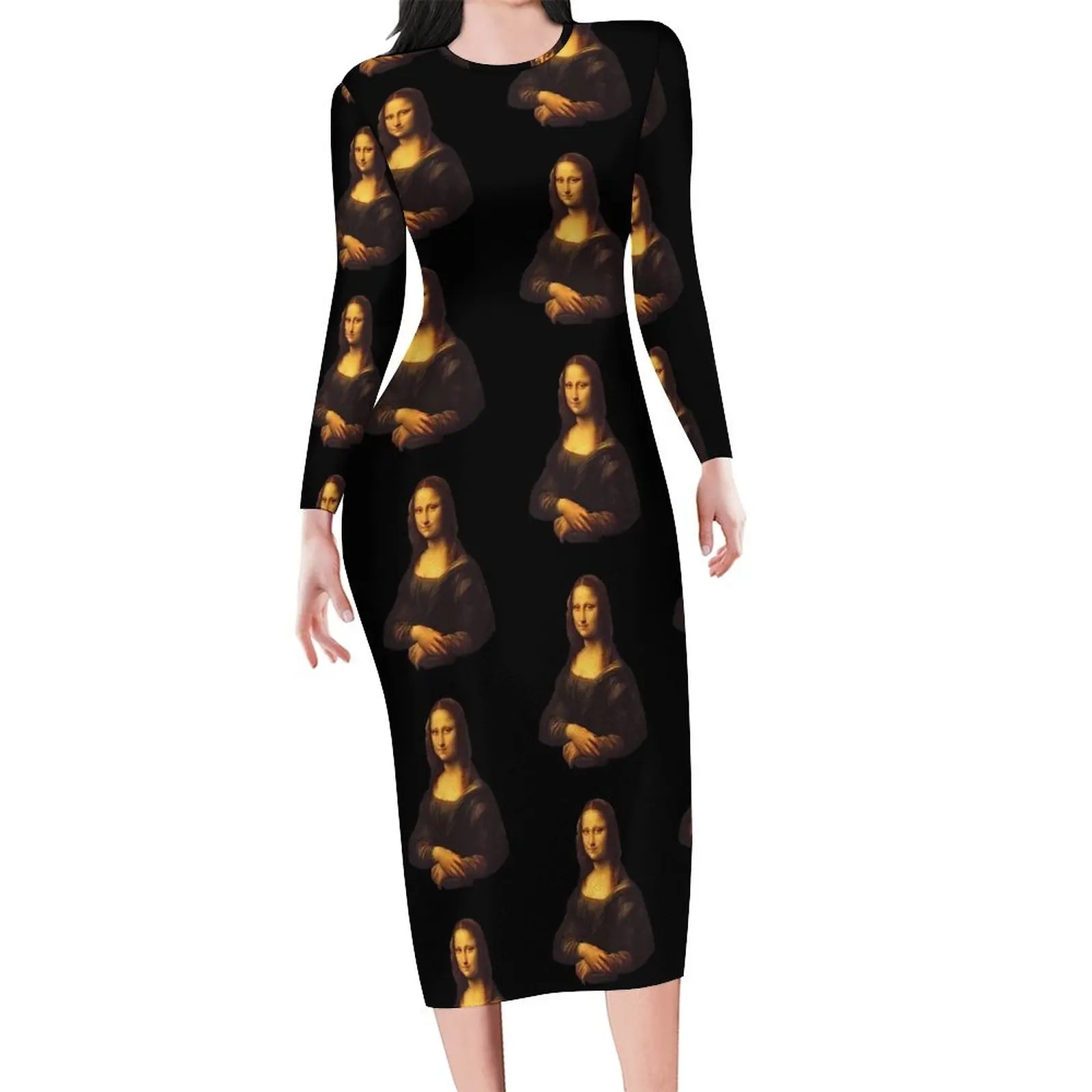 Mona Lisa Print Long Sleeve Bodycon Midi Dress