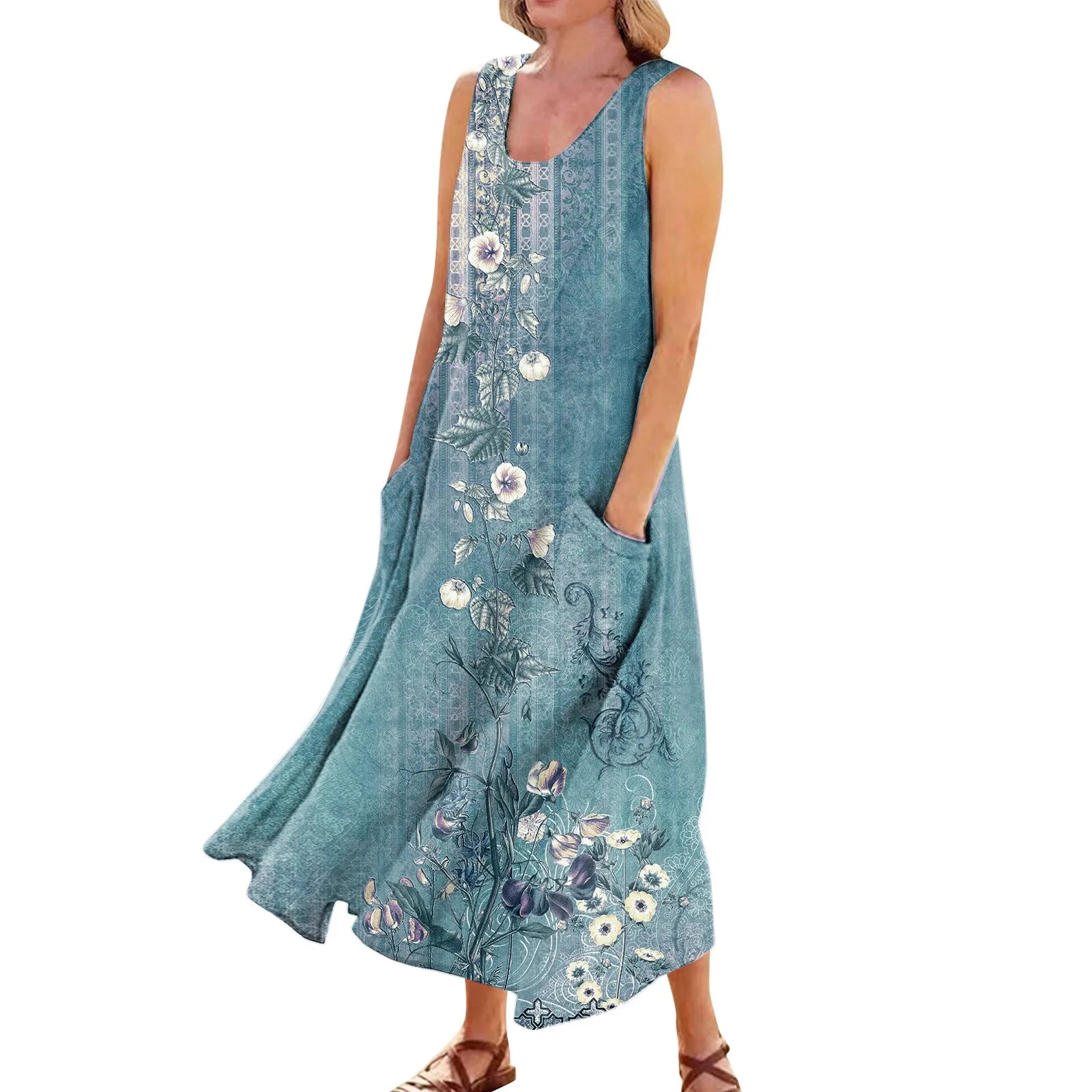 Women's Summer Casual Retro Dresses Beach Cover Up With Pockets Plus Size Loose Cotton Linen T-shirt Dress Beach Long Dress