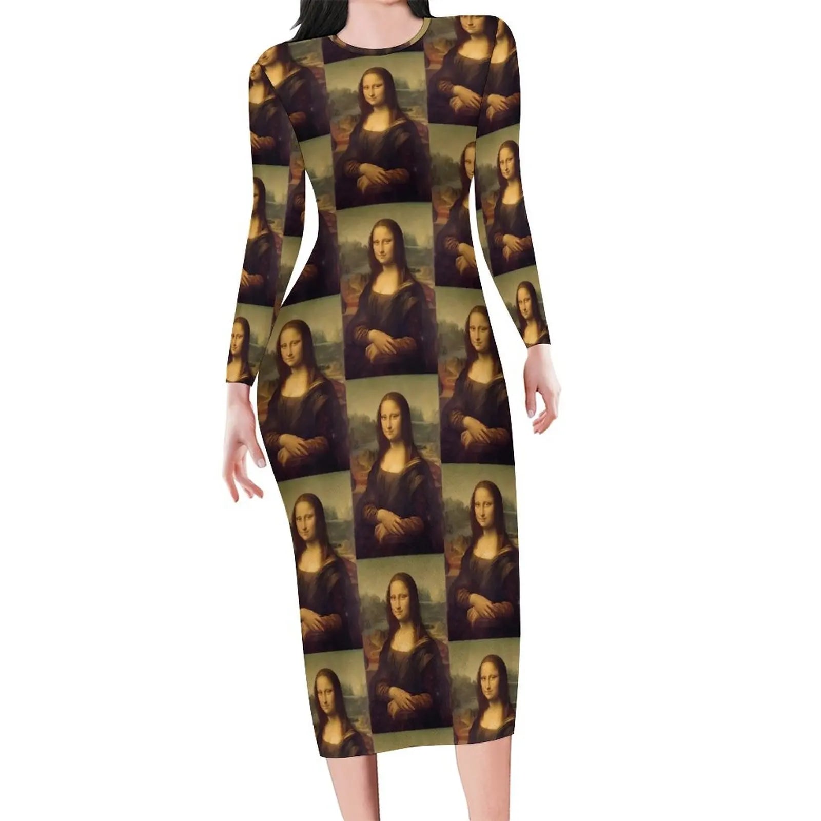 Mona Lisa Print Long Sleeve Bodycon Midi Dress
