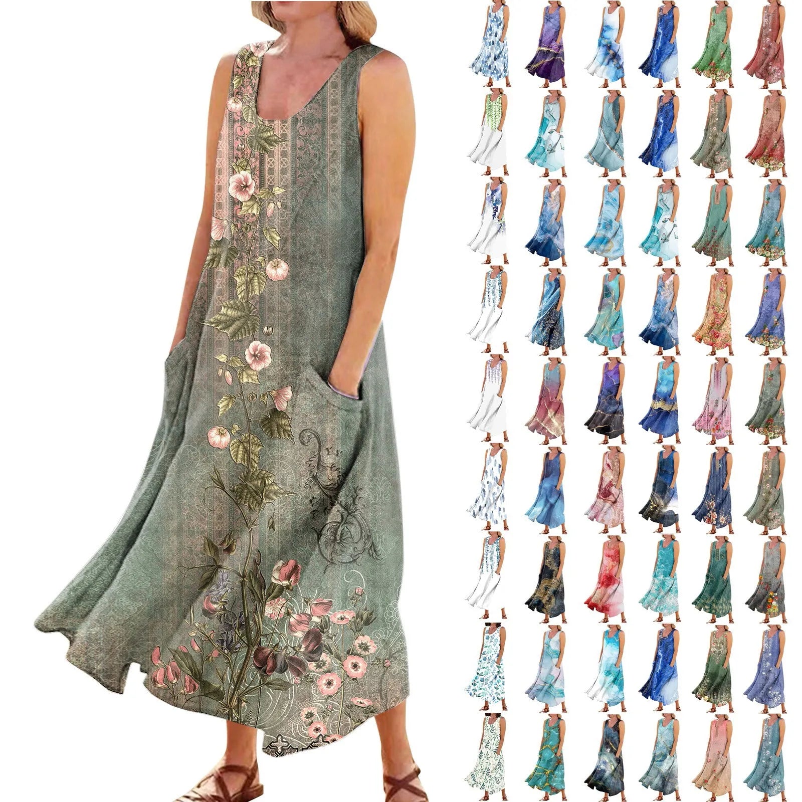 Women's Summer Casual Retro Dresses Beach Cover Up With Pockets Plus Size Loose Cotton Linen T-shirt Dress Beach Long Dress