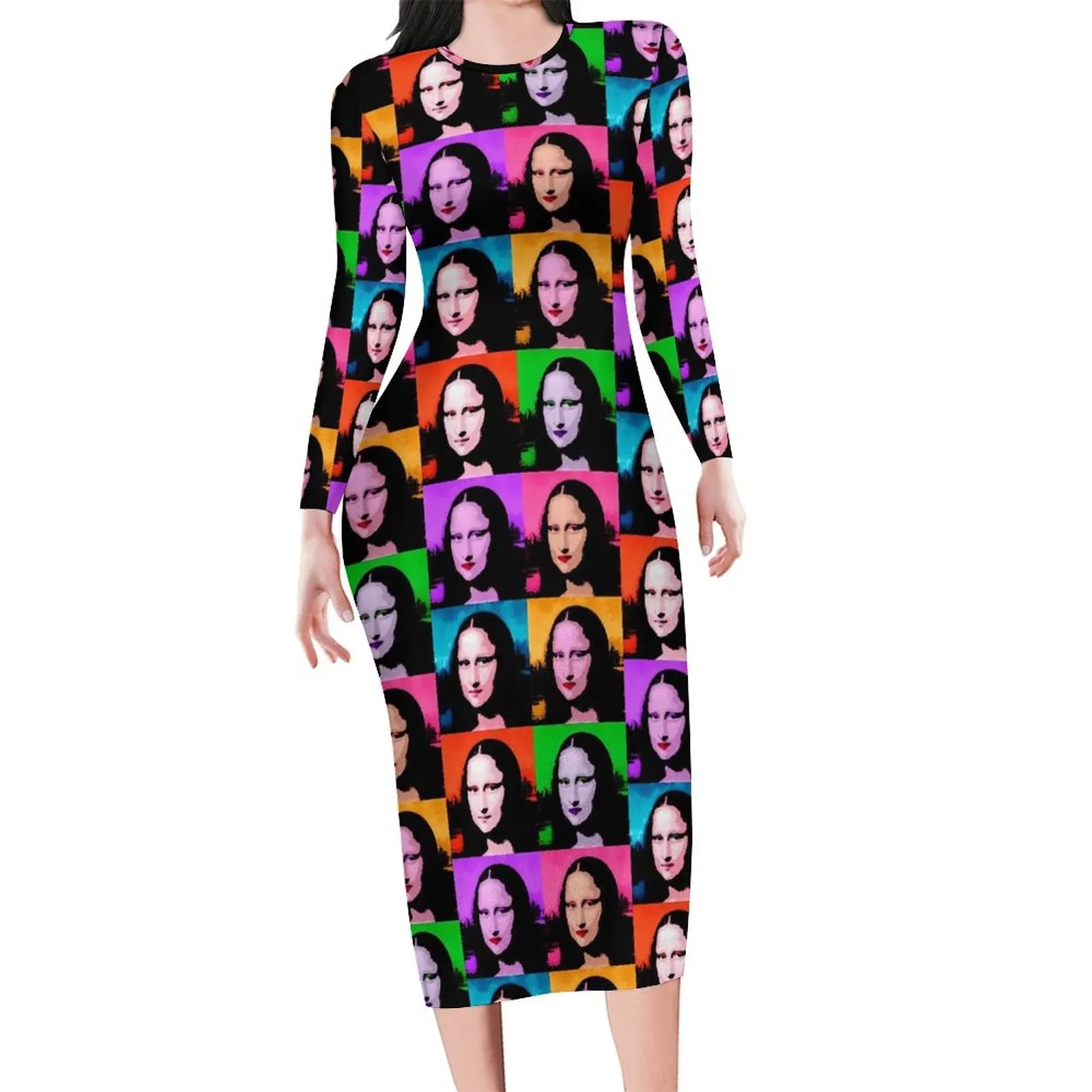 Mona Lisa Print Long Sleeve Bodycon Midi Dress