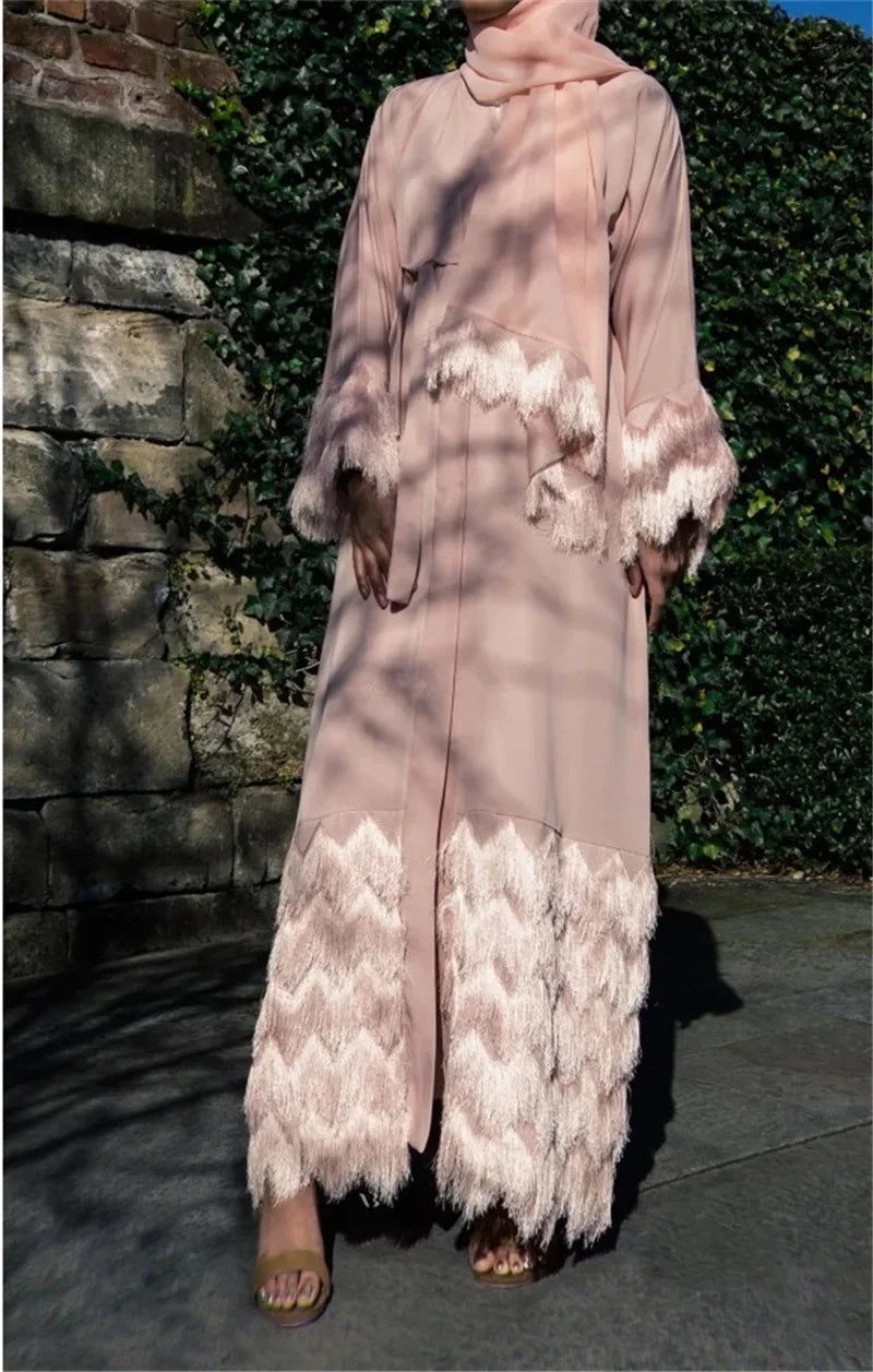 Thick Tassel Lace Abaya Dress, Full-Length