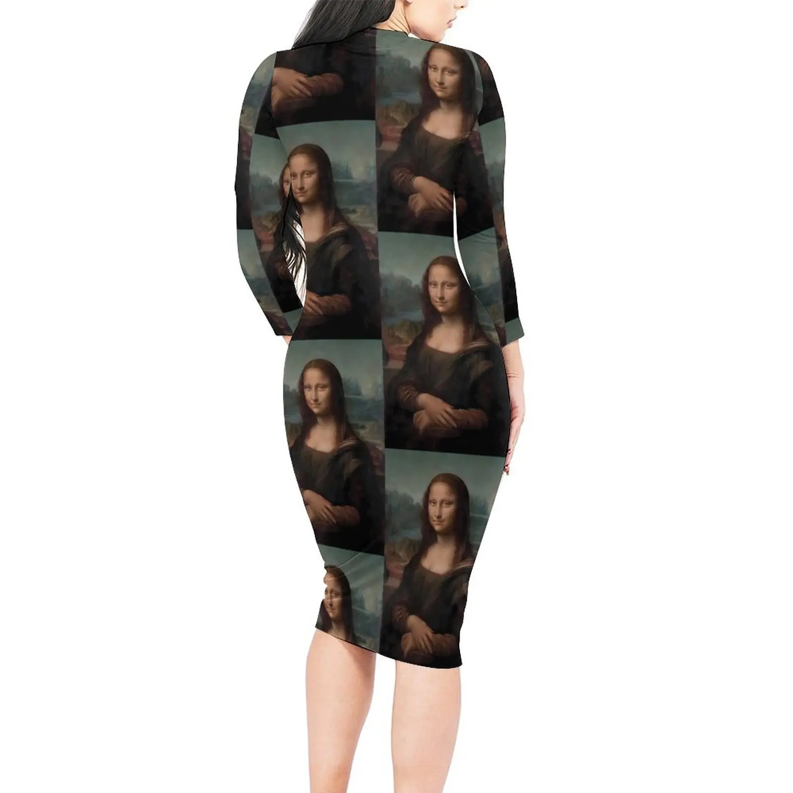 Mona Lisa Print Long Sleeve Bodycon Midi Dress