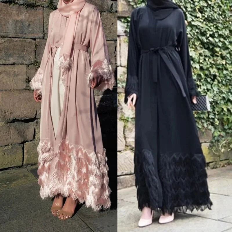 Thick Tassel Lace Abaya Dress, Full-Length