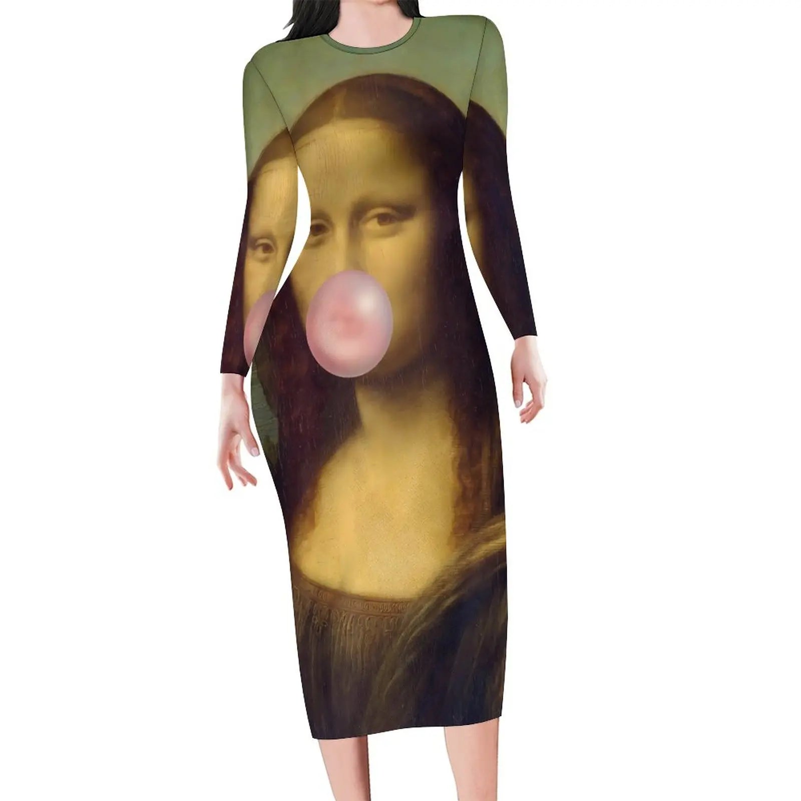 Mona Lisa Print Long Sleeve Bodycon Midi Dress