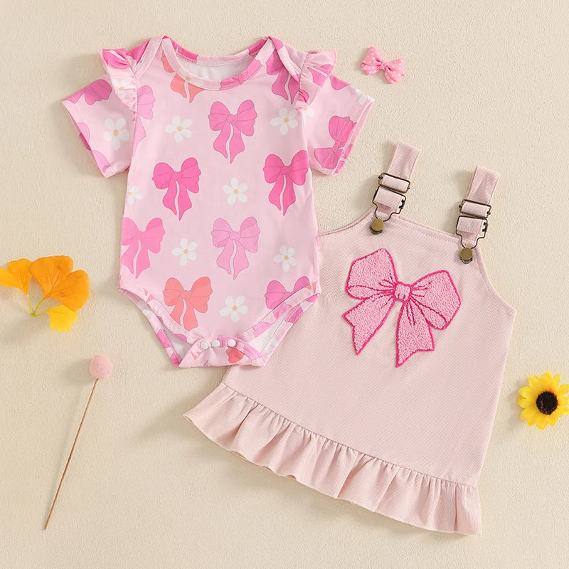Pudcoco Infant Baby Girls 2Pcs Spring Outfits Short Sleeve Romper + Ruffle Overall Dress Set Newborn Clothes 0-24M