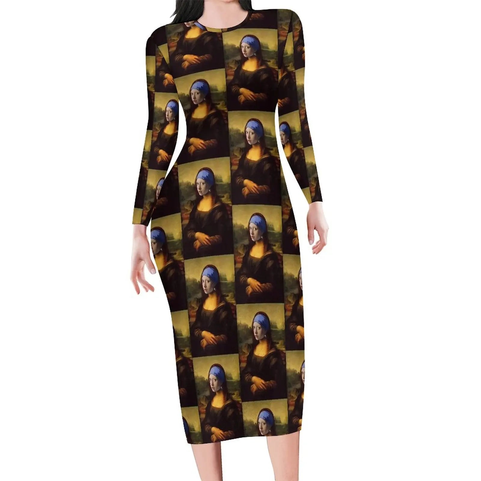 Mona Lisa Print Long Sleeve Bodycon Midi Dress