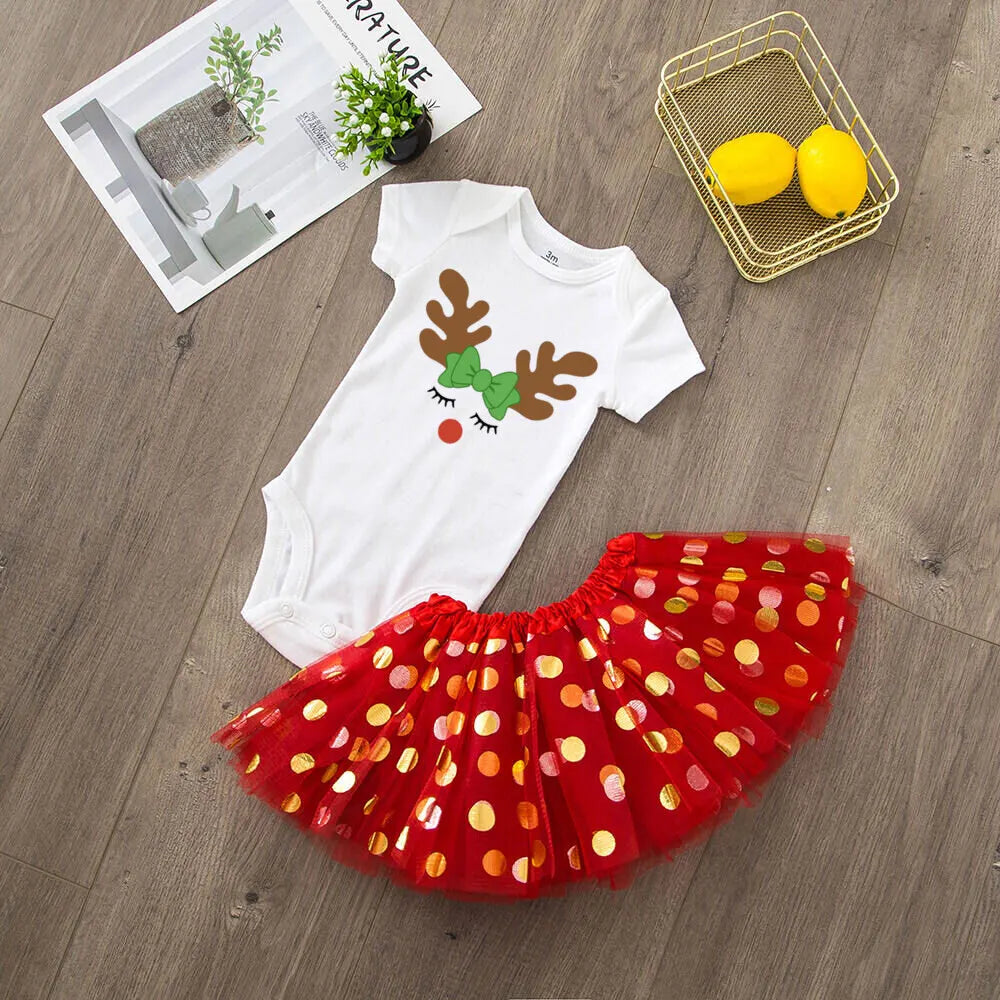 Deer Print Christmas Baby Romper & Tutu Set Christmas Girls Outfit Infant Baptism Short Sleeve Bodysuit Dress Xmas Outfits Skirt