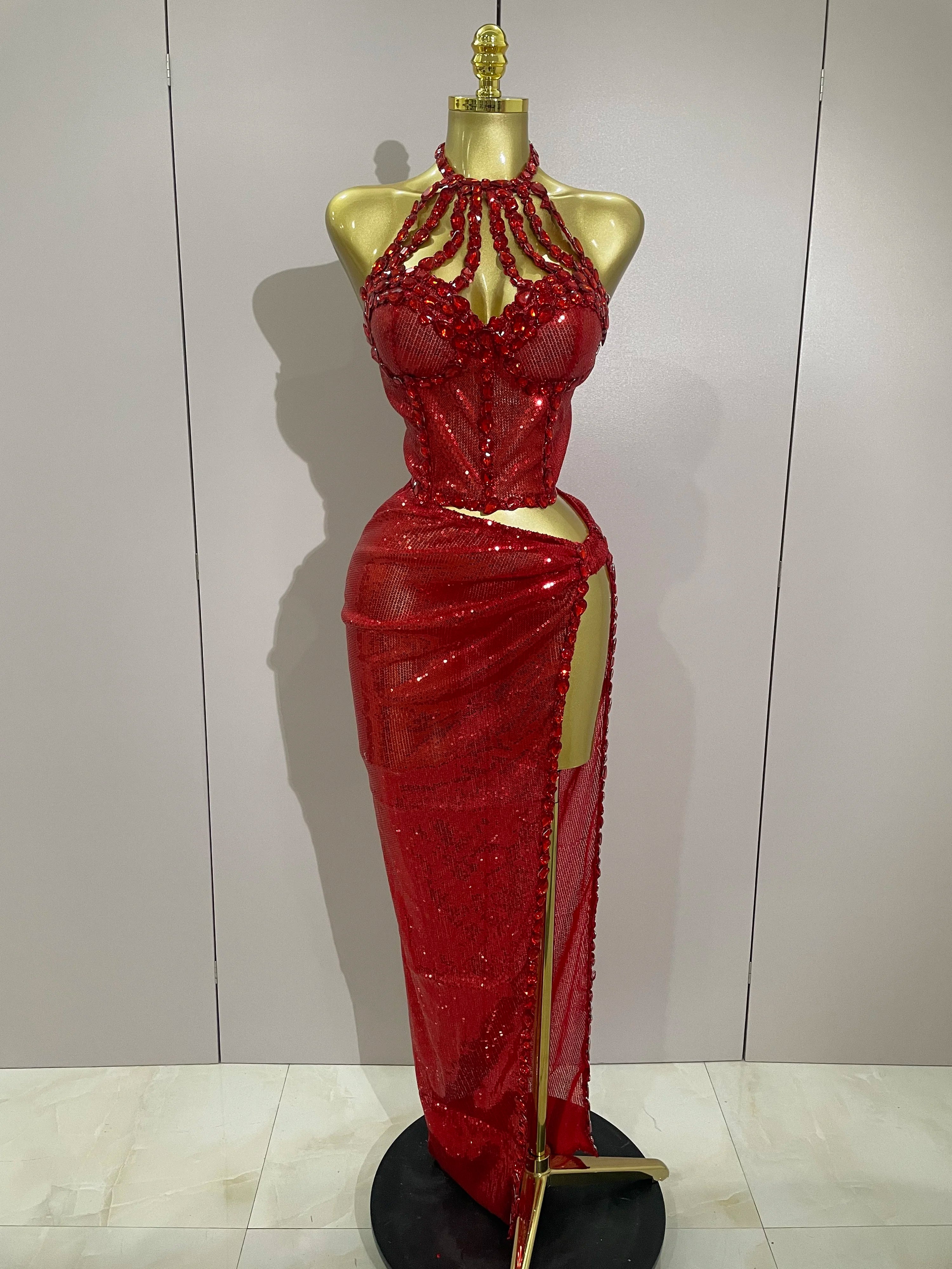 Women's Sequin 2-Piece Halter Maxi Cocktail Dress