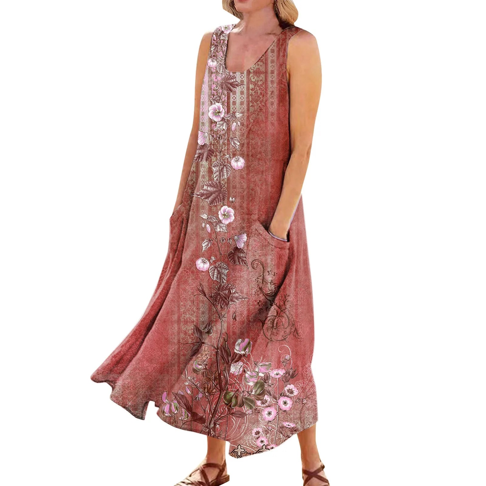 Women's Summer Casual Retro Dresses Beach Cover Up With Pockets Plus Size Loose Cotton Linen T-shirt Dress Beach Long Dress