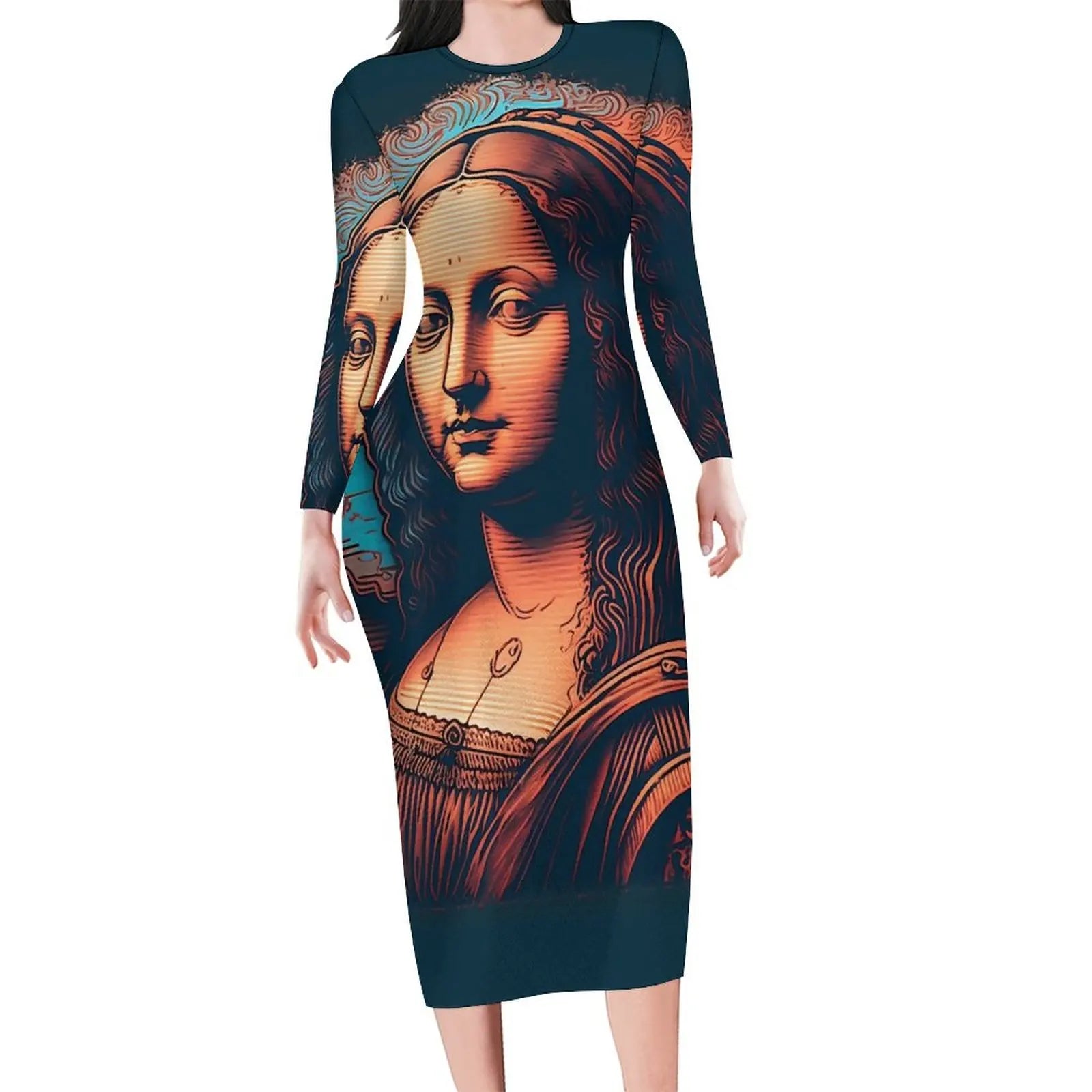 Mona Lisa Print Long Sleeve Bodycon Midi Dress