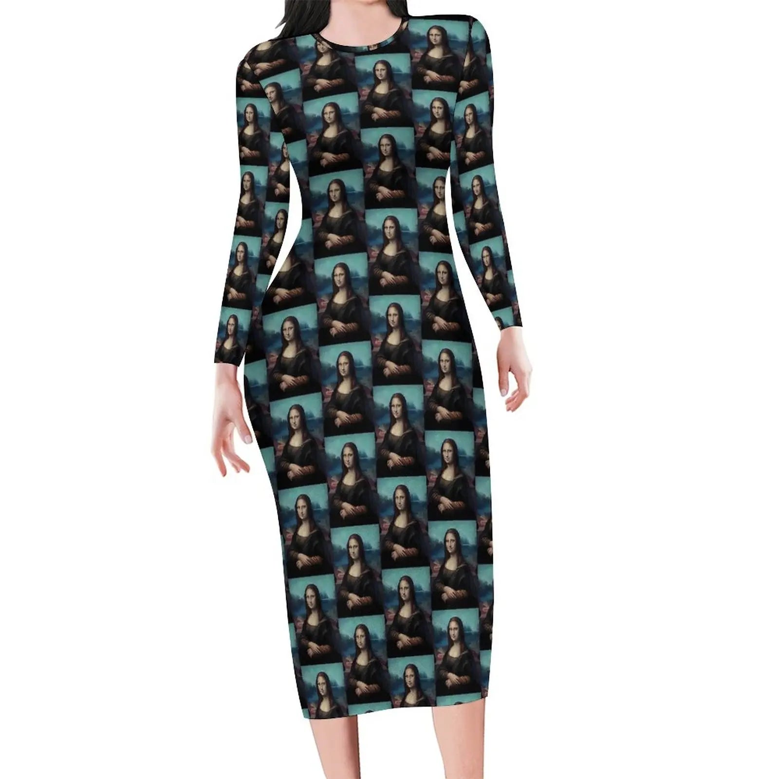 Mona Lisa Print Long Sleeve Bodycon Midi Dress