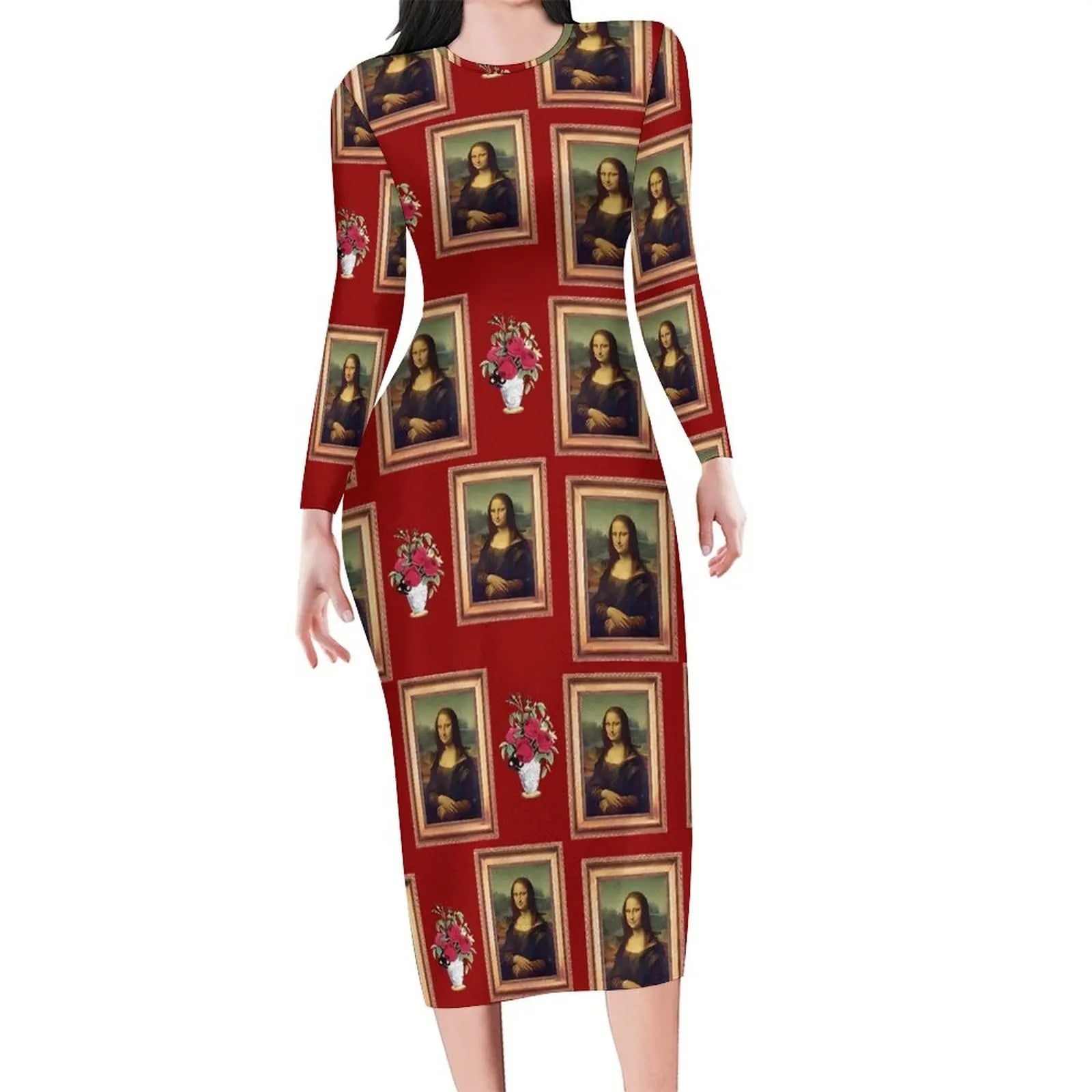 Mona Lisa Print Long Sleeve Bodycon Midi Dress