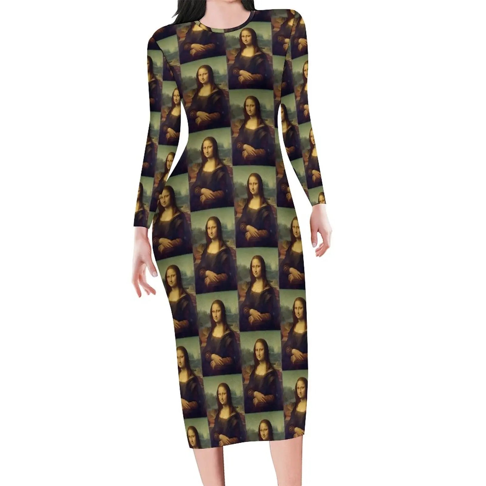 Mona Lisa Print Long Sleeve Bodycon Midi Dress