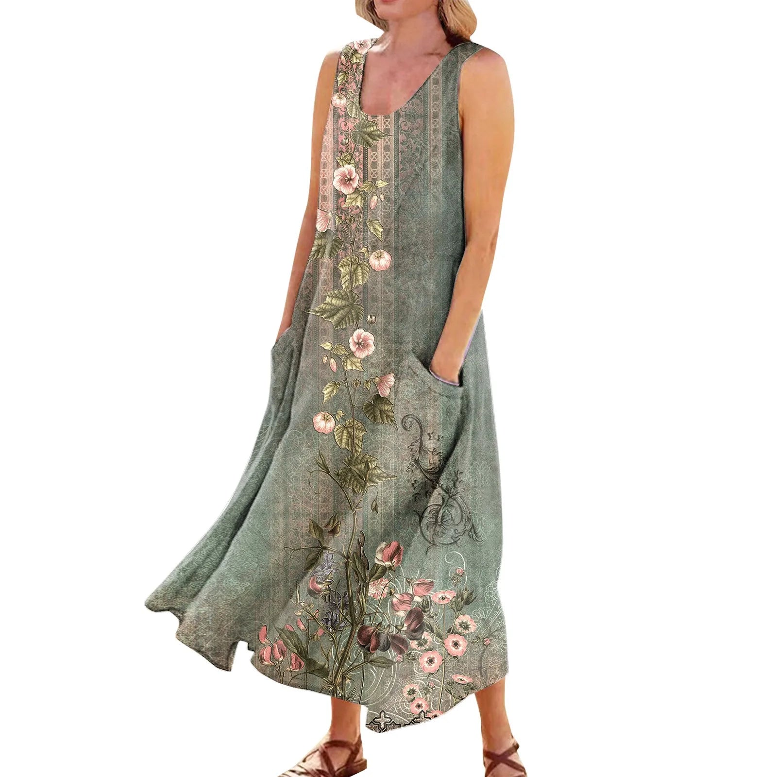 Women's Summer Casual Retro Dresses Beach Cover Up With Pockets Plus Size Loose Cotton Linen T-shirt Dress Beach Long Dress