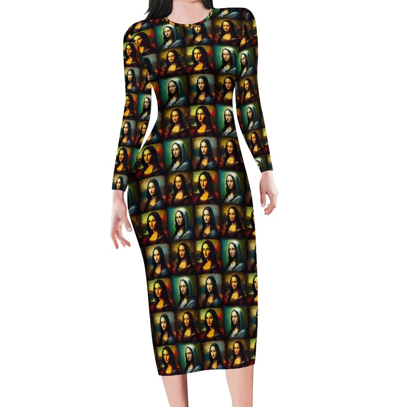 Mona Lisa Print Long Sleeve Bodycon Midi Dress