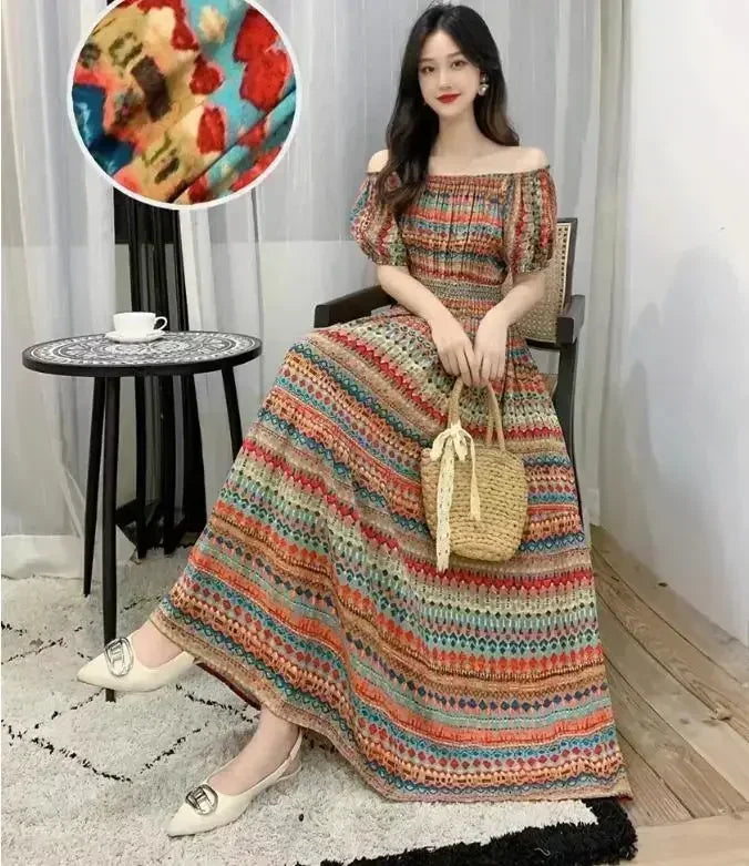 Bohemian Floral Off-Shoulder Maxi Beach Dress