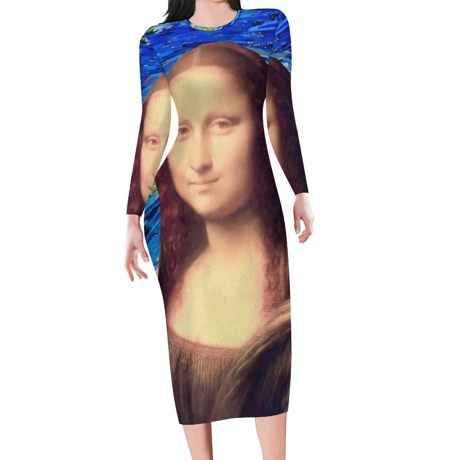 Mona Lisa Print Long Sleeve Bodycon Midi Dress