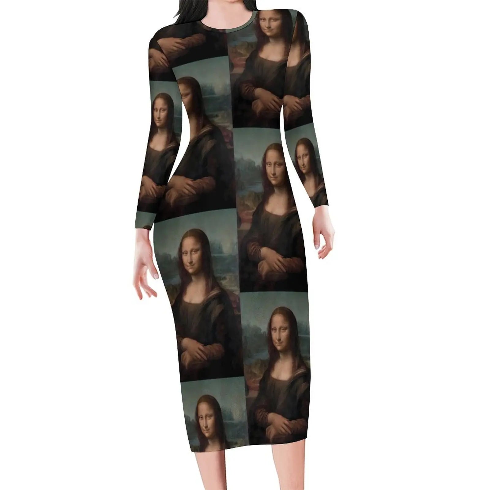 Mona Lisa Print Long Sleeve Bodycon Midi Dress