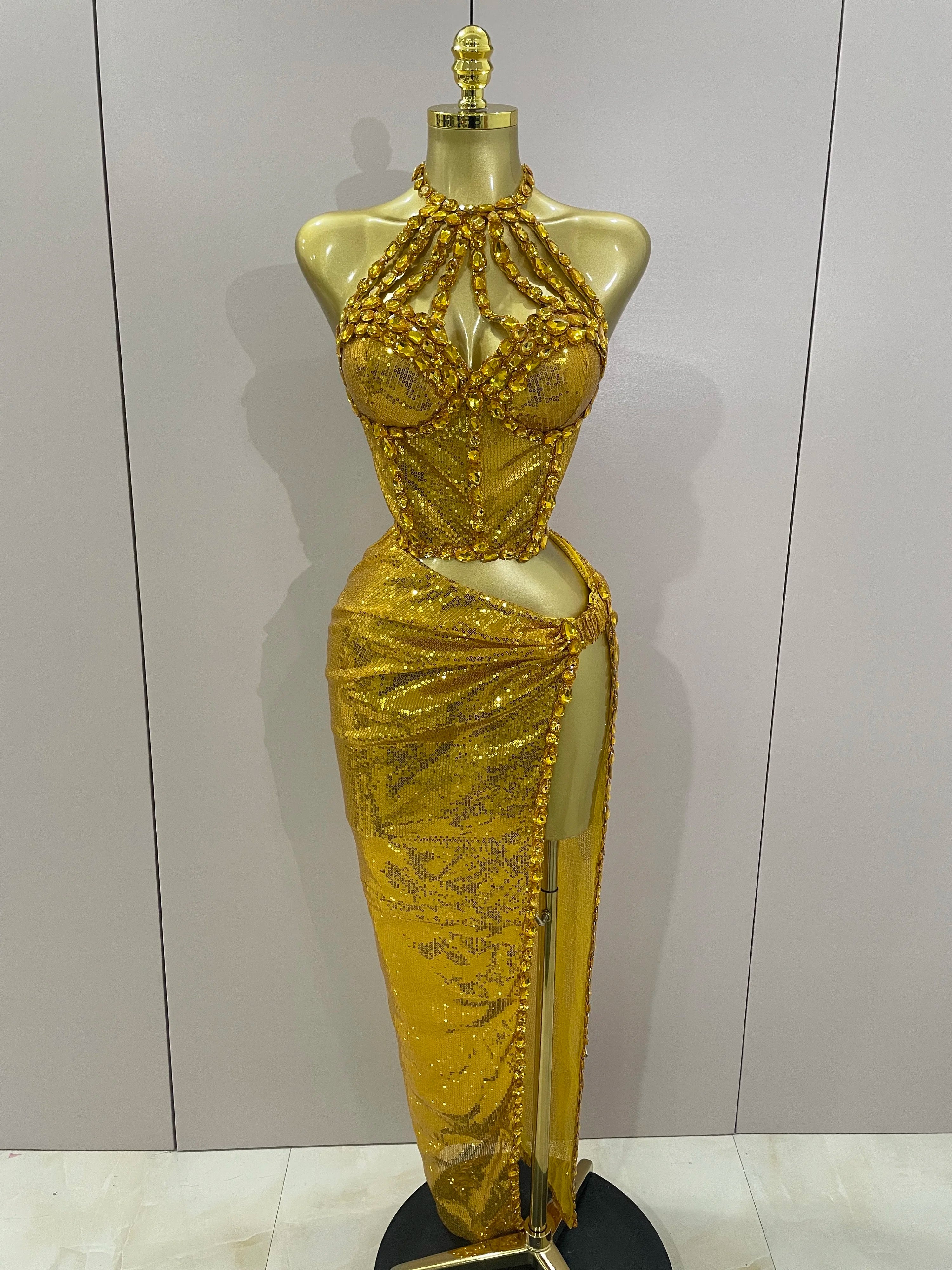 Women's Sequin 2-Piece Halter Maxi Cocktail Dress