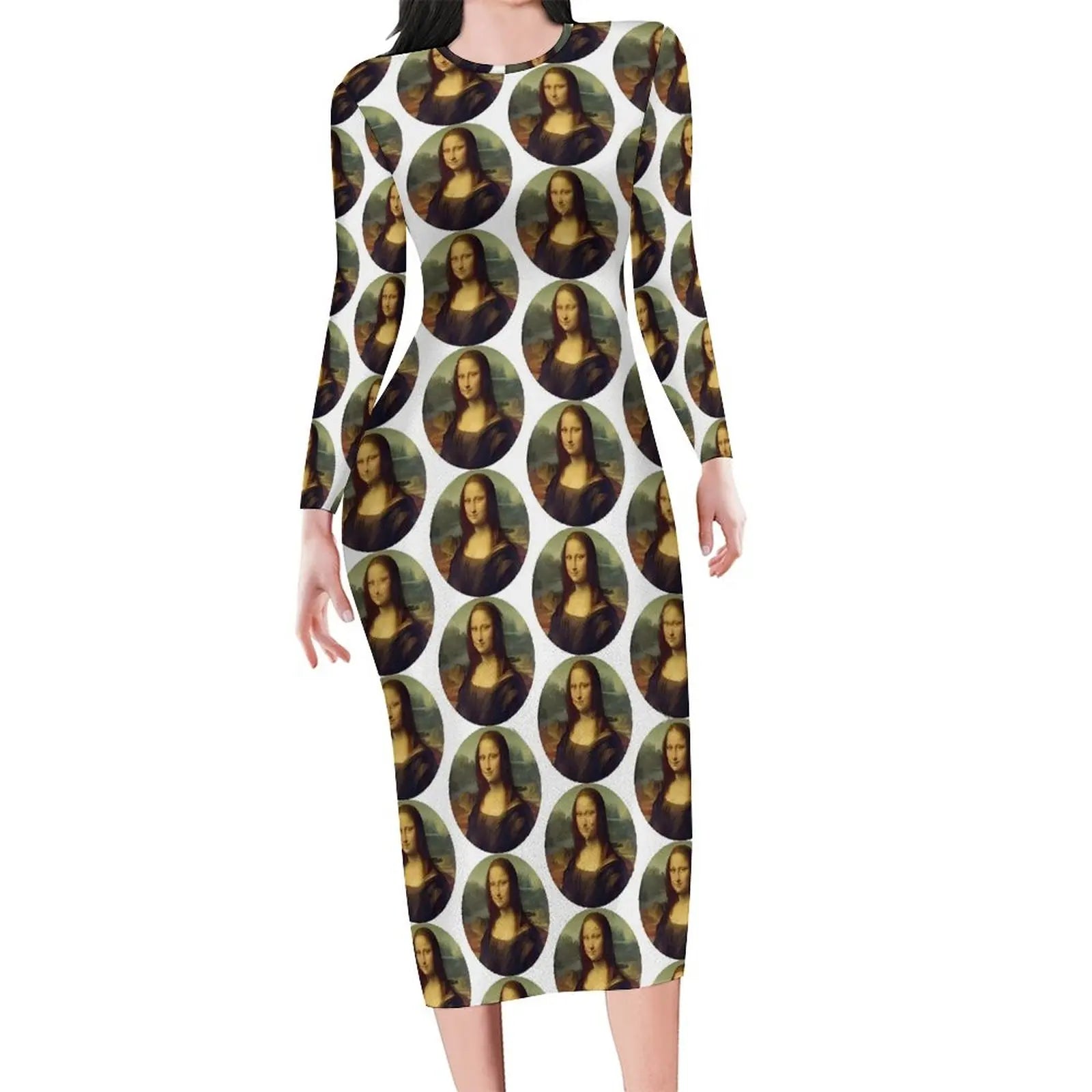 Mona Lisa Print Long Sleeve Bodycon Midi Dress
