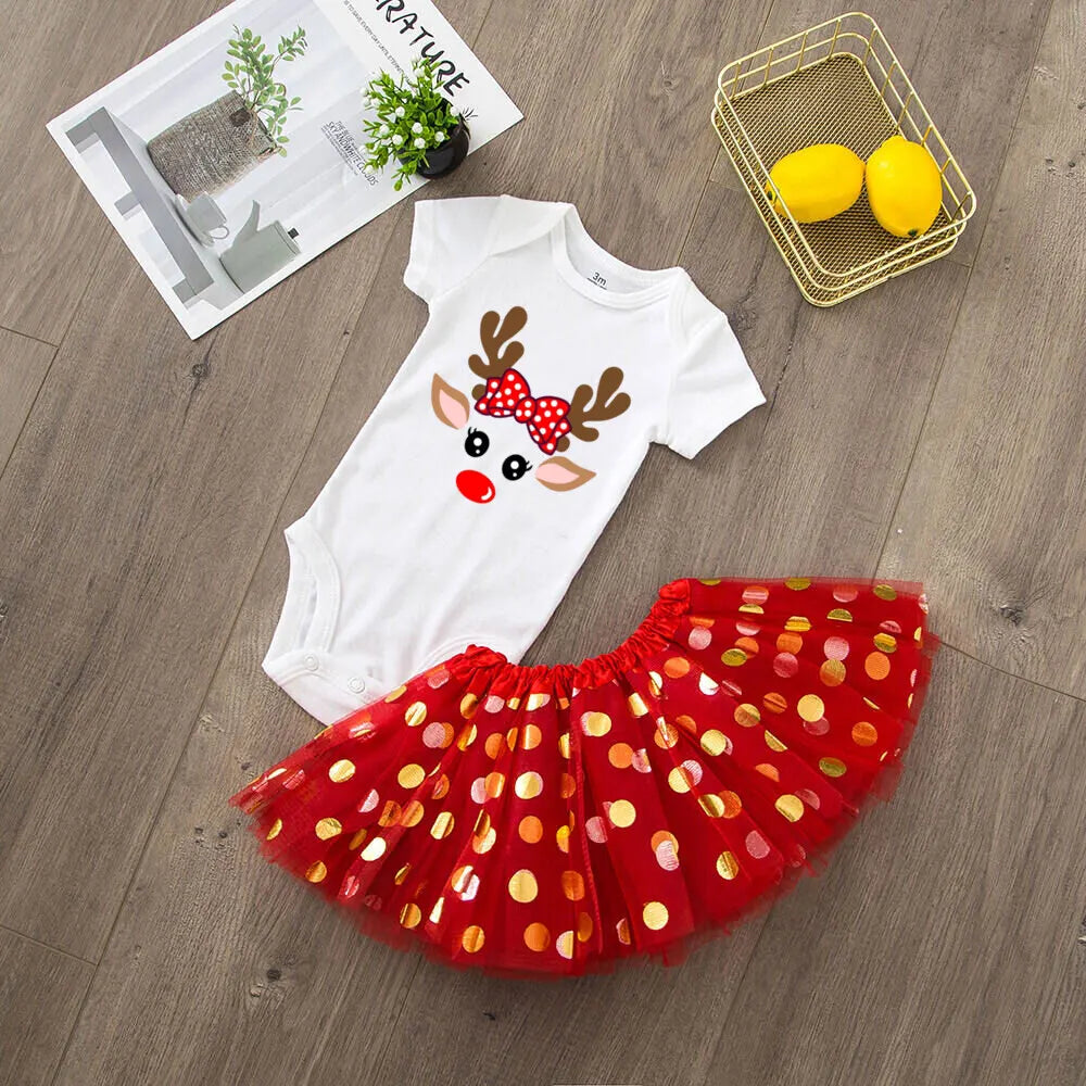 Deer Print Christmas Baby Romper & Tutu Set Christmas Girls Outfit Infant Baptism Short Sleeve Bodysuit Dress Xmas Outfits Skirt