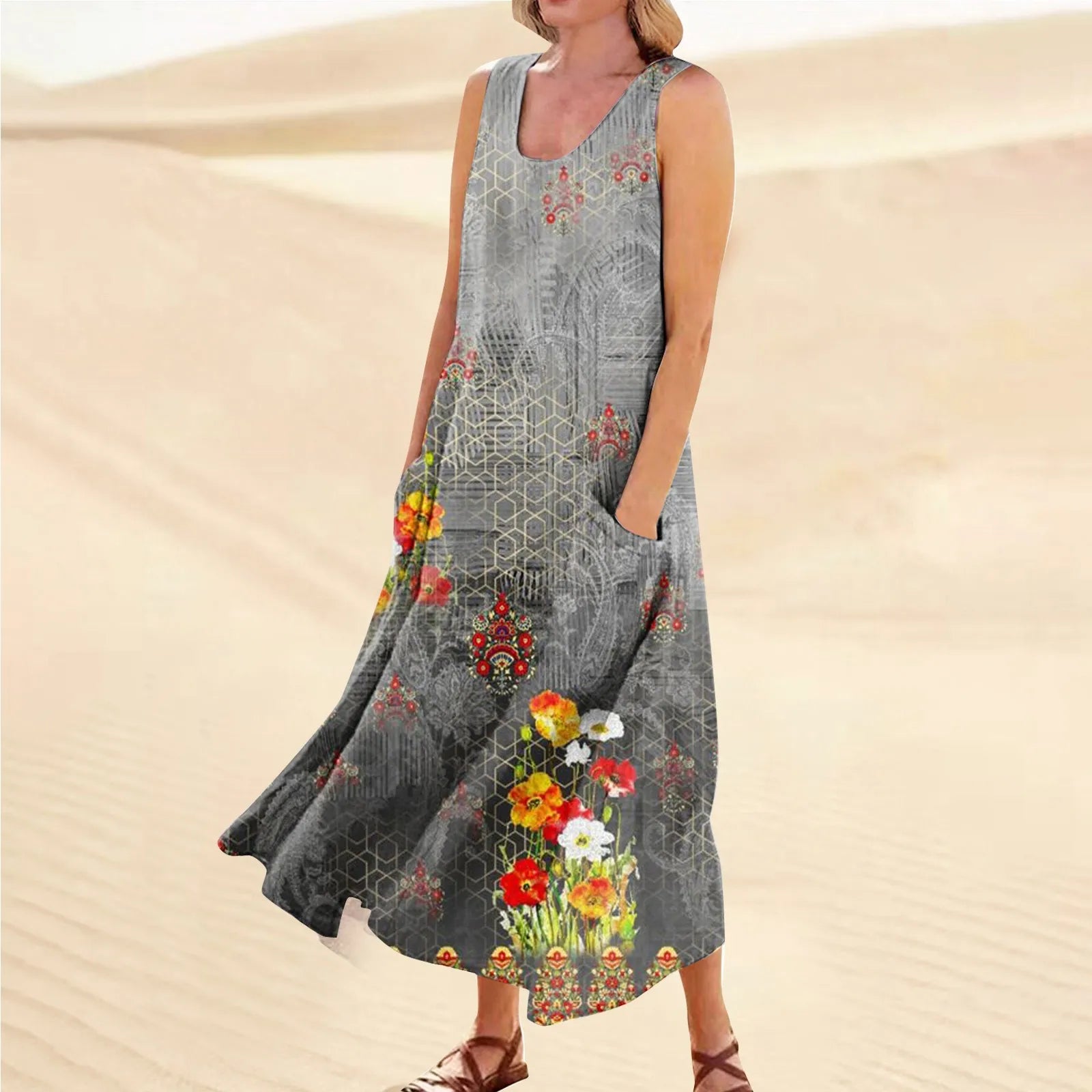 Women's Summer Casual Retro Dresses Beach Cover Up With Pockets Plus Size Loose Cotton Linen T-shirt Dress Beach Long Dress