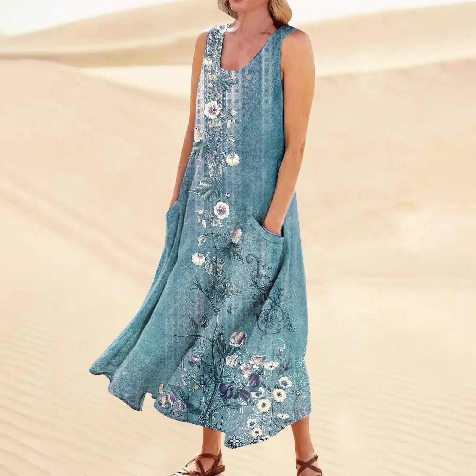 Women's Summer Casual Retro Dresses Beach Cover Up With Pockets Plus Size Loose Cotton Linen T-shirt Dress Beach Long Dress