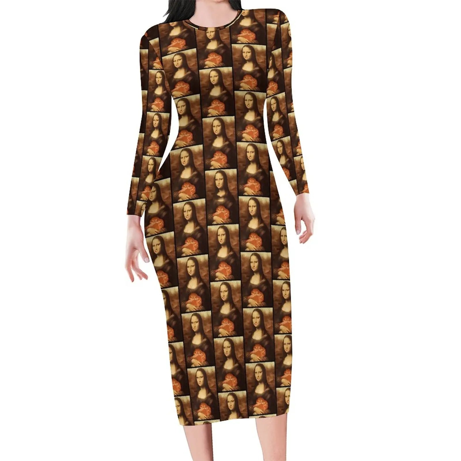 Mona Lisa Print Long Sleeve Bodycon Midi Dress
