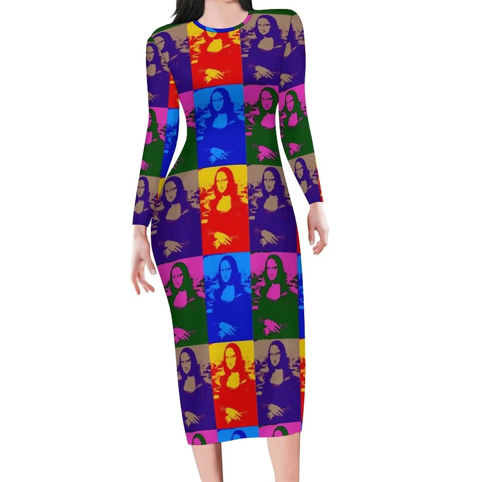 Mona Lisa Print Long Sleeve Bodycon Midi Dress