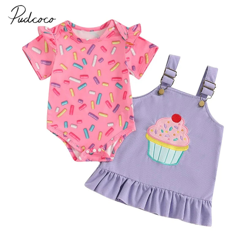 Pudcoco Infant Baby Girls 2Pcs Spring Outfits Short Sleeve Romper + Ruffle Overall Dress Set Newborn Clothes 0-24M