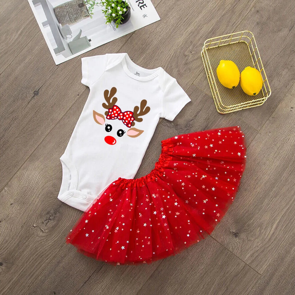 Deer Print Christmas Baby Romper & Tutu Set Christmas Girls Outfit Infant Baptism Short Sleeve Bodysuit Dress Xmas Outfits Skirt