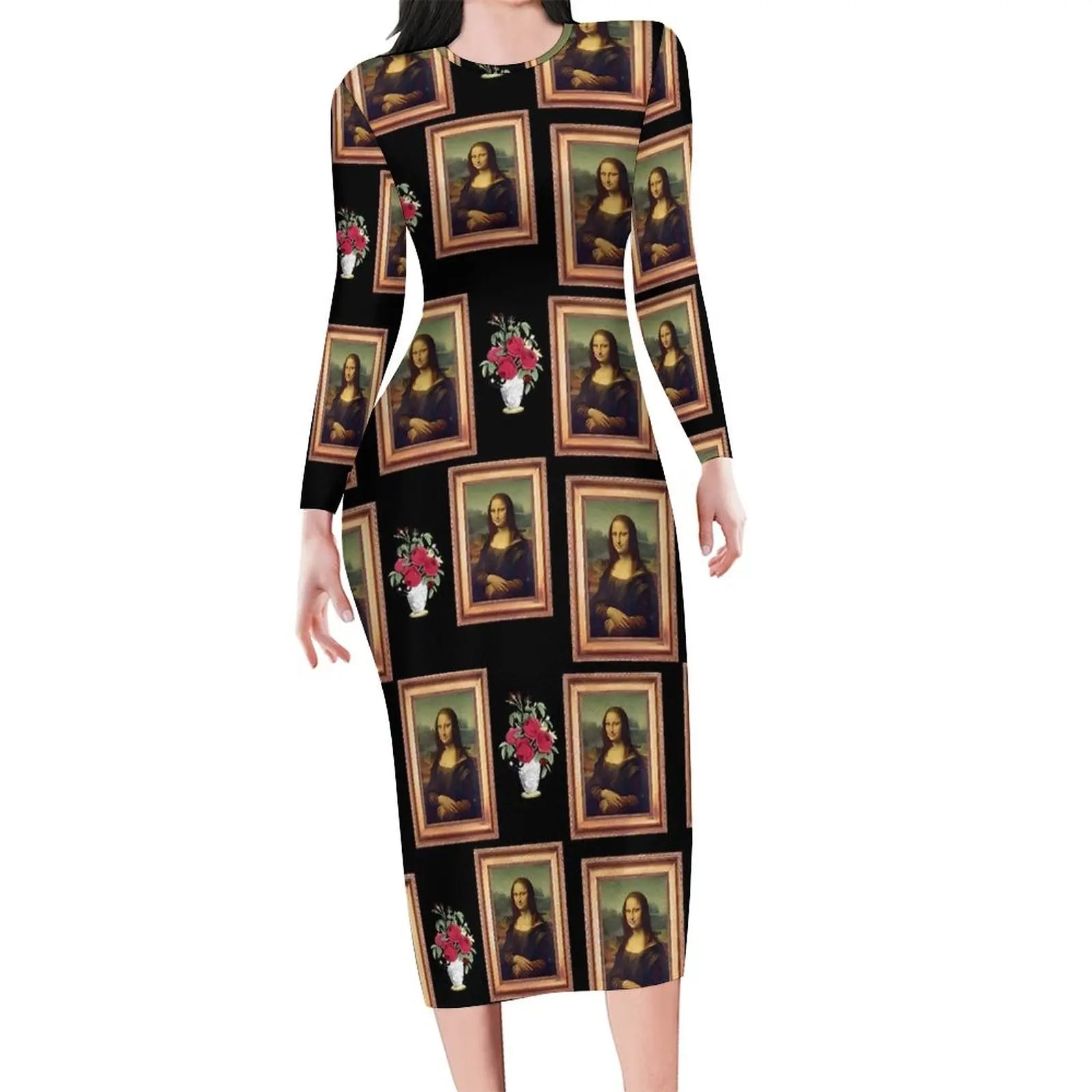 Mona Lisa Print Long Sleeve Bodycon Midi Dress