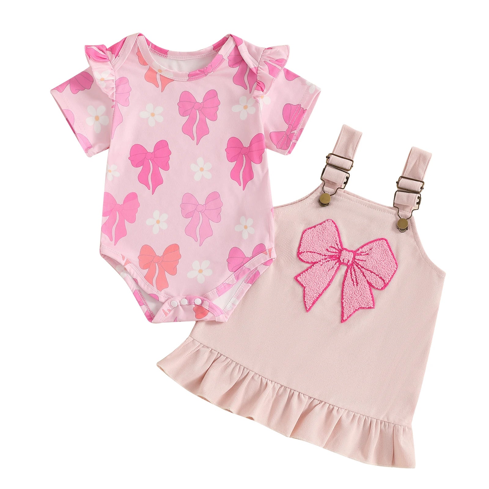 Pudcoco Infant Baby Girls 2Pcs Spring Outfits Short Sleeve Romper + Ruffle Overall Dress Set Newborn Clothes 0-24M