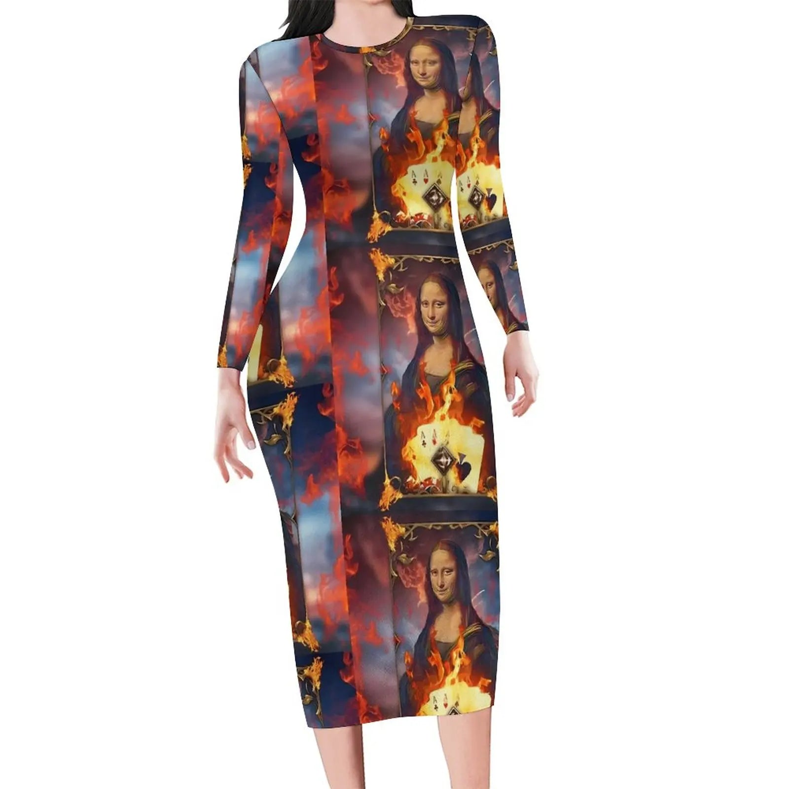 Mona Lisa Print Long Sleeve Bodycon Midi Dress