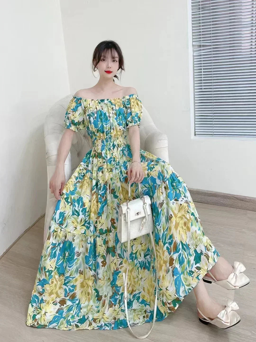 Bohemian Floral Off-Shoulder Maxi Beach Dress