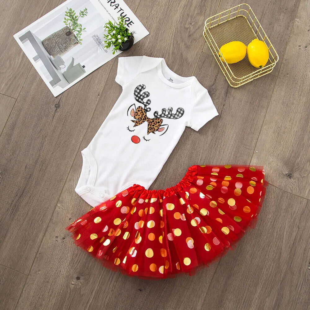 Deer Print Christmas Baby Romper & Tutu Set Christmas Girls Outfit Infant Baptism Short Sleeve Bodysuit Dress Xmas Outfits Skirt