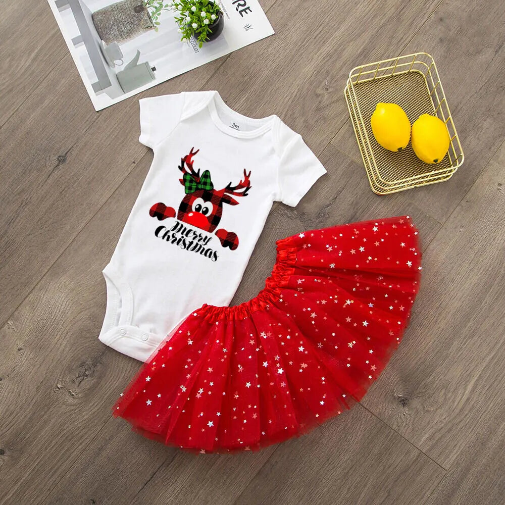 Deer Print Christmas Baby Romper & Tutu Set Christmas Girls Outfit Infant Baptism Short Sleeve Bodysuit Dress Xmas Outfits Skirt