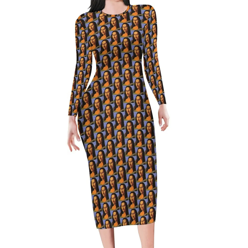 Mona Lisa Print Long Sleeve Bodycon Midi Dress