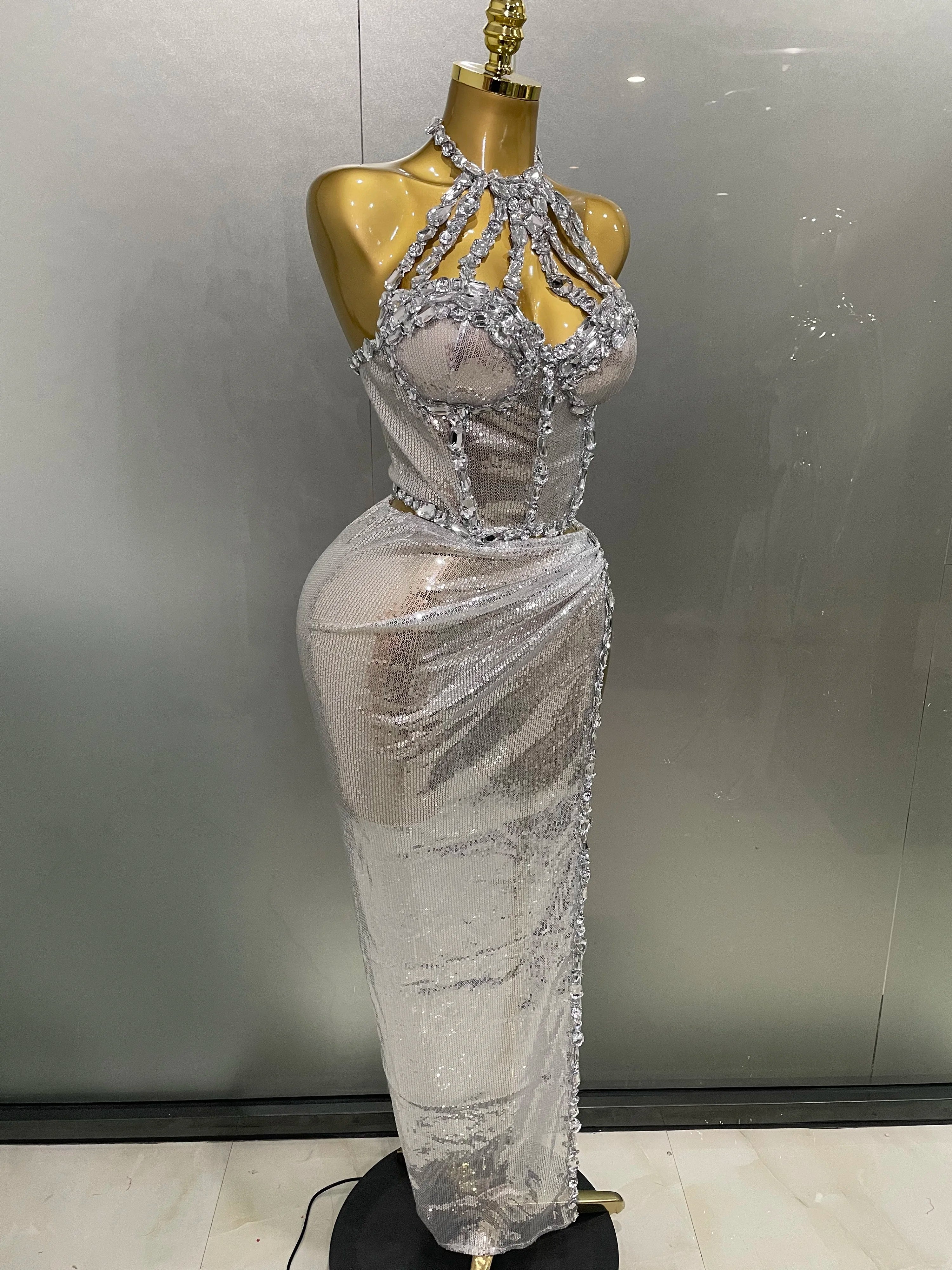 Women's Sequin 2-Piece Halter Maxi Cocktail Dress