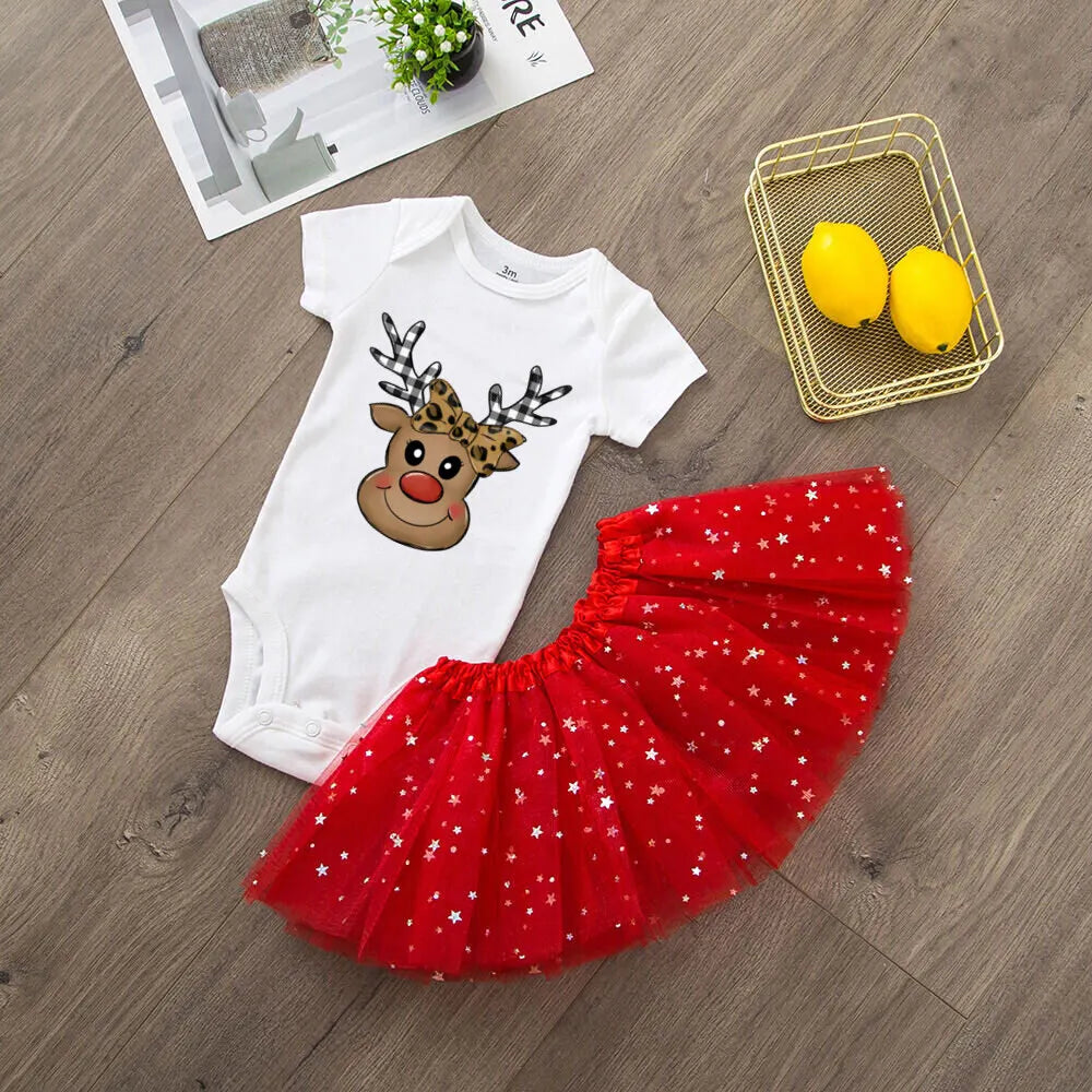 Deer Print Christmas Baby Romper & Tutu Set Christmas Girls Outfit Infant Baptism Short Sleeve Bodysuit Dress Xmas Outfits Skirt