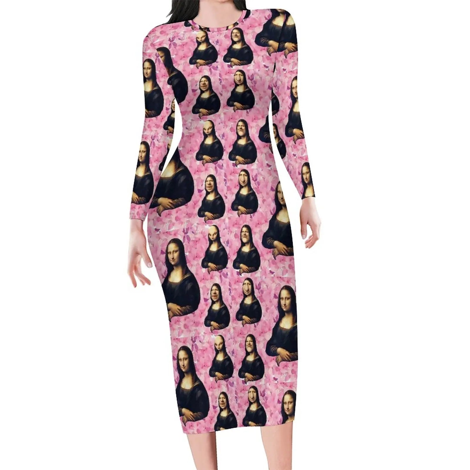 Mona Lisa Print Long Sleeve Bodycon Midi Dress