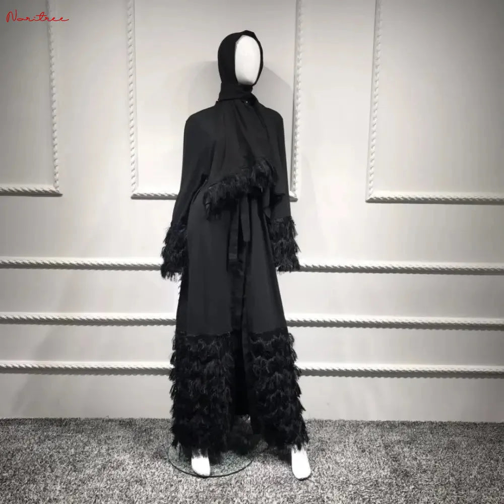 Thick Tassel Lace Abaya Dress, Full-Length
