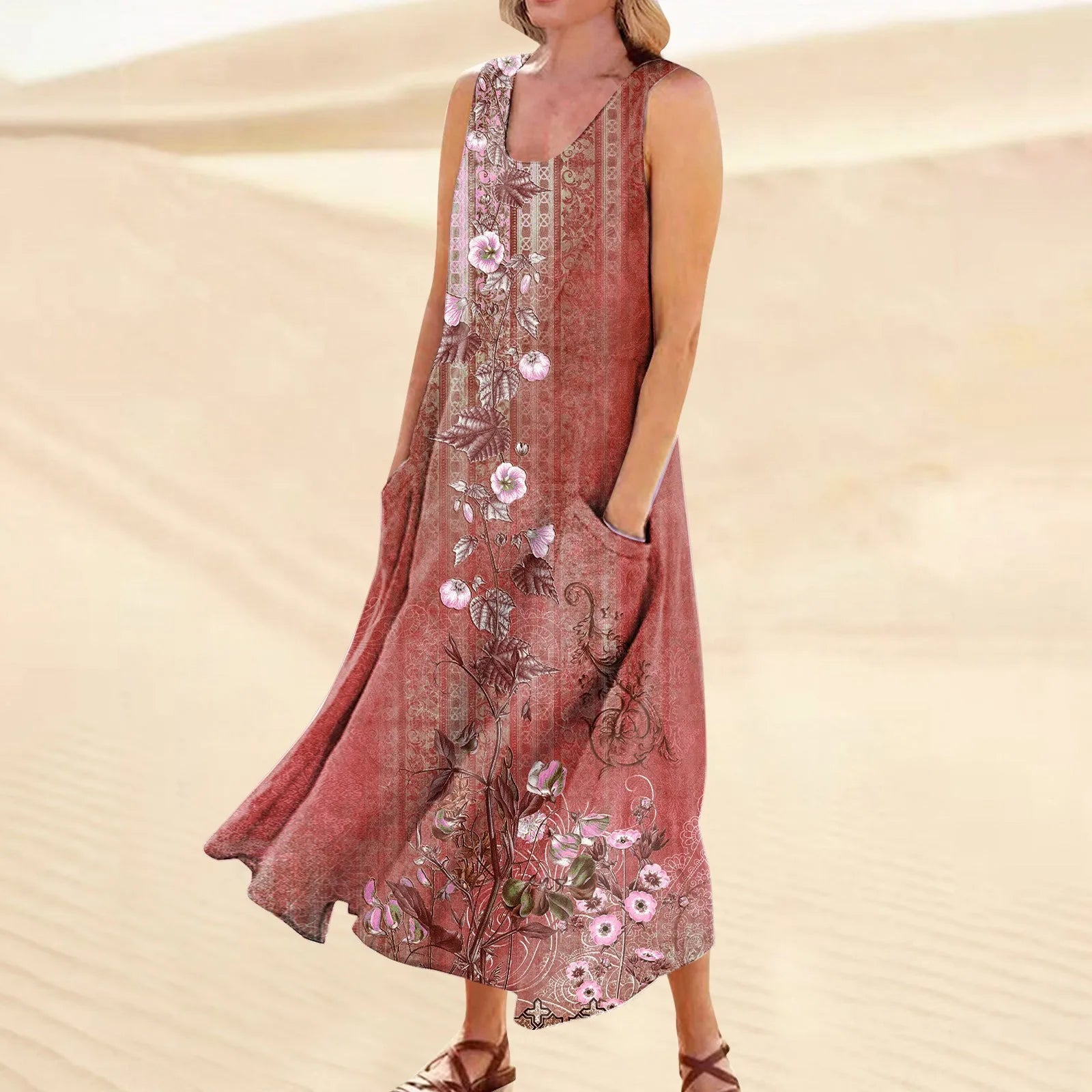 Women's Summer Casual Retro Dresses Beach Cover Up With Pockets Plus Size Loose Cotton Linen T-shirt Dress Beach Long Dress