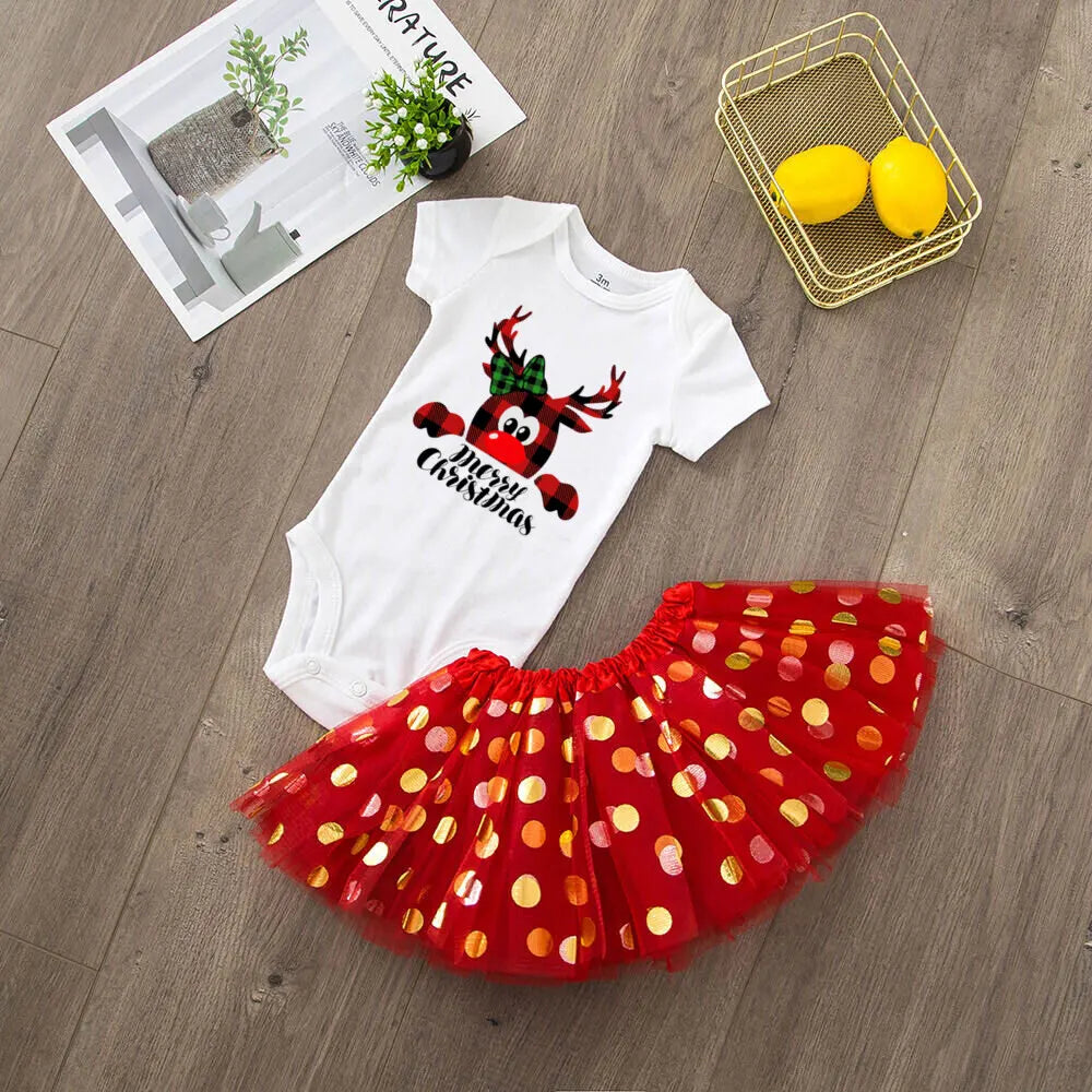 Deer Print Christmas Baby Romper & Tutu Set Christmas Girls Outfit Infant Baptism Short Sleeve Bodysuit Dress Xmas Outfits Skirt