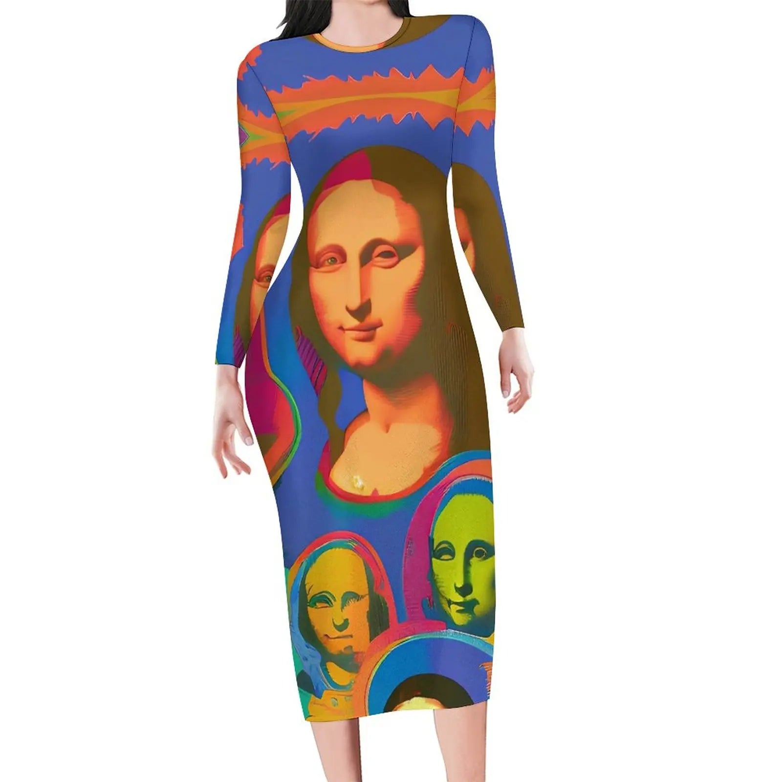 Mona Lisa Print Long Sleeve Bodycon Midi Dress