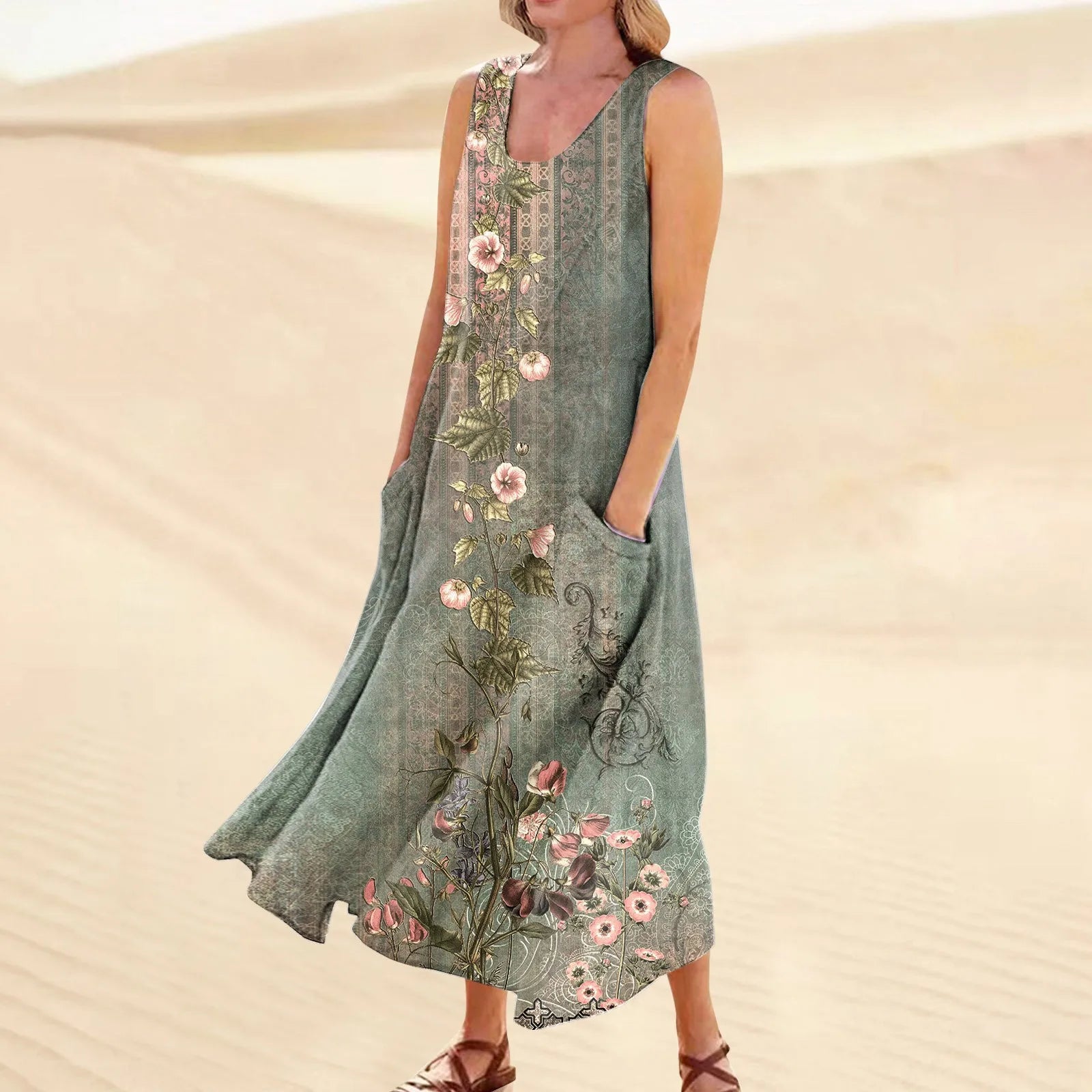 Women's Summer Casual Retro Dresses Beach Cover Up With Pockets Plus Size Loose Cotton Linen T-shirt Dress Beach Long Dress